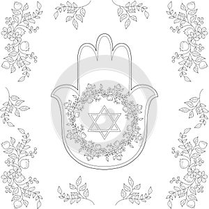 Judaism religion hand symbol with floral arrangement graphic sketch template.