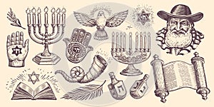 Judaism religion, jewish holidays concept. Torah and dreidel, Hanukkah menorah, Shofar, David Star, Rabbi, Hamsa vector