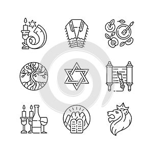 Judaism symbols linear icons set