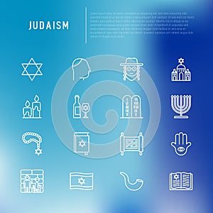 Judaism thin line icons set: Orthodox jew, star of David, sufganiyot, hamsa, candles, synagogue, skullcap, rosary, Western Wal, T