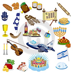 Judaism traditional symbols icons set and jewish symbols