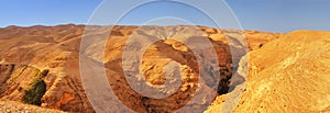 Judean desert. Panoramic view towards the Monastery of Tempation, Greek Orthodox church in Jericho in the West Bank