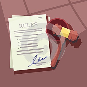 Judege gavel with rules or laws paper - vector illustration