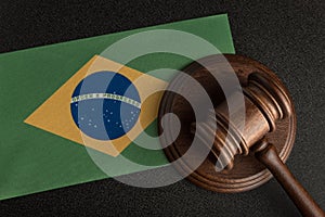 Judge or auction gavel on background of flag of Brazil. Constitutional human rights. Legality concept