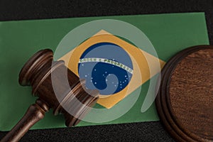 Judge or auction gavel on flag of Brazil. Constitutional human rights. Legality concept