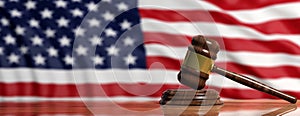 Judge or auction gavel on US America flag background. 3d illustration