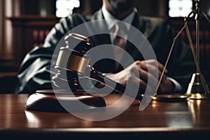 Judge in a court room with wooden gavel