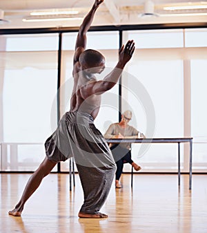 Judge, dancer and ballet in audition for creativity, performance with energy and movement in studio. Dancing, action and photo