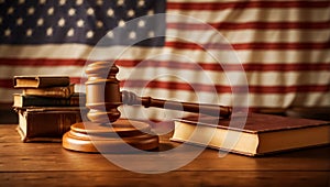 Judge gavel, American flag card banner symbol vintage concept judicial wooden