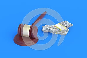 Judge gavel and cash on blue background