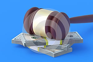 Judge gavel and cash on blue background