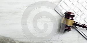 Judge gavel with computer keyboard. Concept of internet crime. Copy space for text