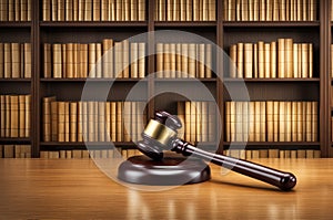 Judge Gavel on Desk with Law Books in Background