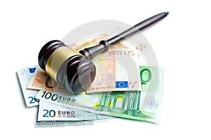 Judge gavel with euro bills