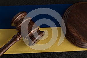 Judge Gavel and flag of Ukraine. Justice and law in Ukraine. Supreme court. Constitutional law
