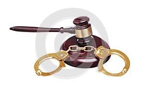 Judge gavel and gold handcuffs with money isolated on white