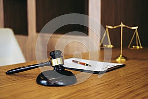 Judge gavel with Justice lawyers, object documents working on ta