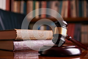 Judge gavel or law mallet on a wooden desk