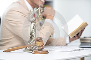 judge gavel in law office is placed on table to symbolize judge deciding lawsuit. gavel wood on wooden table of lawyers in lega