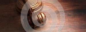 Judge gavel on lawyer office desk, close up view, copy space. Law or auction concept. 3d render