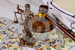 Judge gavel, lawyer office law and justice with a dollar sign corruption and venality concepts