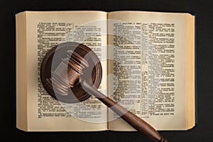 Judge gavel and legal book. Close up. Top view. Justice and law concept