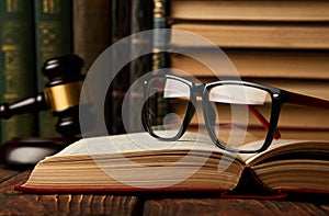 Judge gavel and legal book collection with eyeglasses on wooden