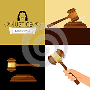 Judge gavel. Legal hammer cartoon vector illustration, adjudicator gavel in hand