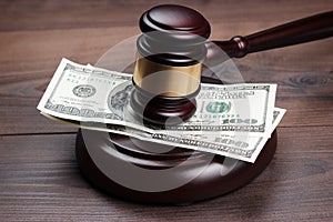 Judge gavel and money on brown wooden table