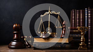 Judge gavel, old books and scales on a wooden table, justice symbols for balance