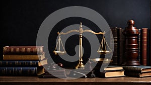 Judge gavel, old books and scales on a wooden table, justice symbols for balance and power in law and court