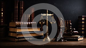 Judge gavel, old books and scales on a wooden table, justice symbols for balance and power in law and court