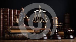 Judge gavel, old books and scales on a wooden table, justice symbols for balance and power in law and court