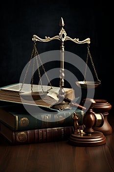 Judge gavel, old books and scales on a wooden table, justice symbols for balance and power in law and court AI generated