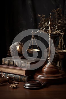 Judge gavel, old books and scales on a wooden table, justice symbols for balance and power in law and court AI generated