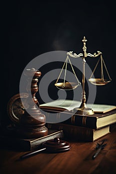 Judge gavel, old books and scales on a wooden table, justice symbols for balance and power in law and court AI generated