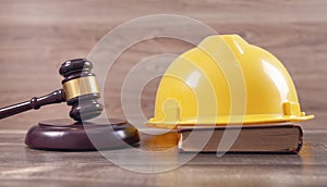 Judge gavel and safety helmet. Construction Law