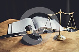 Judge gavel with Scale of justice, object documents working on table in courtroom, Legal law advice and justice concept