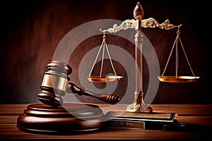 Judge gavel and Scales of Justice in the Court Hall. Law concept of Judiciary, Jurisprudence and Justice. Copy space. Based on