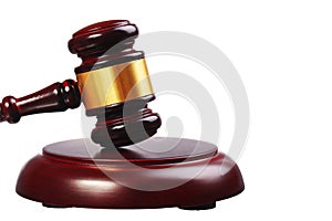 Judge gavel and soundboard isolated on white. Closeup