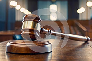 Judge gavel and sounding board on the table against the backdrop of the courtroom