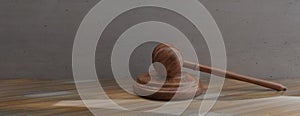 Judge gavel on wooden table. Auction or law symbol. 3d illustration