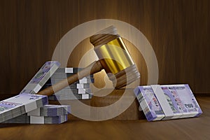 Judge Gavel on Wooden Table with Indian Rupee 100 Currency Notes - 3D Illustration