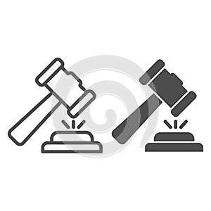 Judge hammer line and solid icon. Court judges gavel or auction, attribute of justice. Jurisprudence vector design