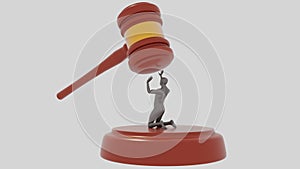 Judge Hammer on white background with gray human. Injustice of the law. Unjustly accused. 3D Gavel. Render.