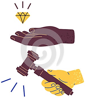 Judge holds wooden gavel. Precious stone, diamond levitates over hand. Judgment and wealth symbols