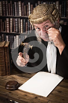 Judge looking through monocle