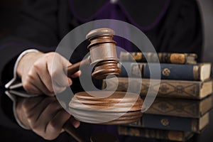 Law concept, Male judge in a courtroom striking the gavel photo