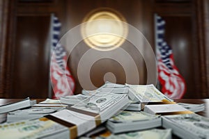 Judge and money concept. Pile of money on the judge`s table. American bill, corruption, rights, salary. 3D illustration, 3D