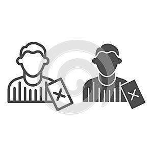 Judge and penalty proof line and solid icon. Soccer or football referee with red card symbol, outline style pictogram on